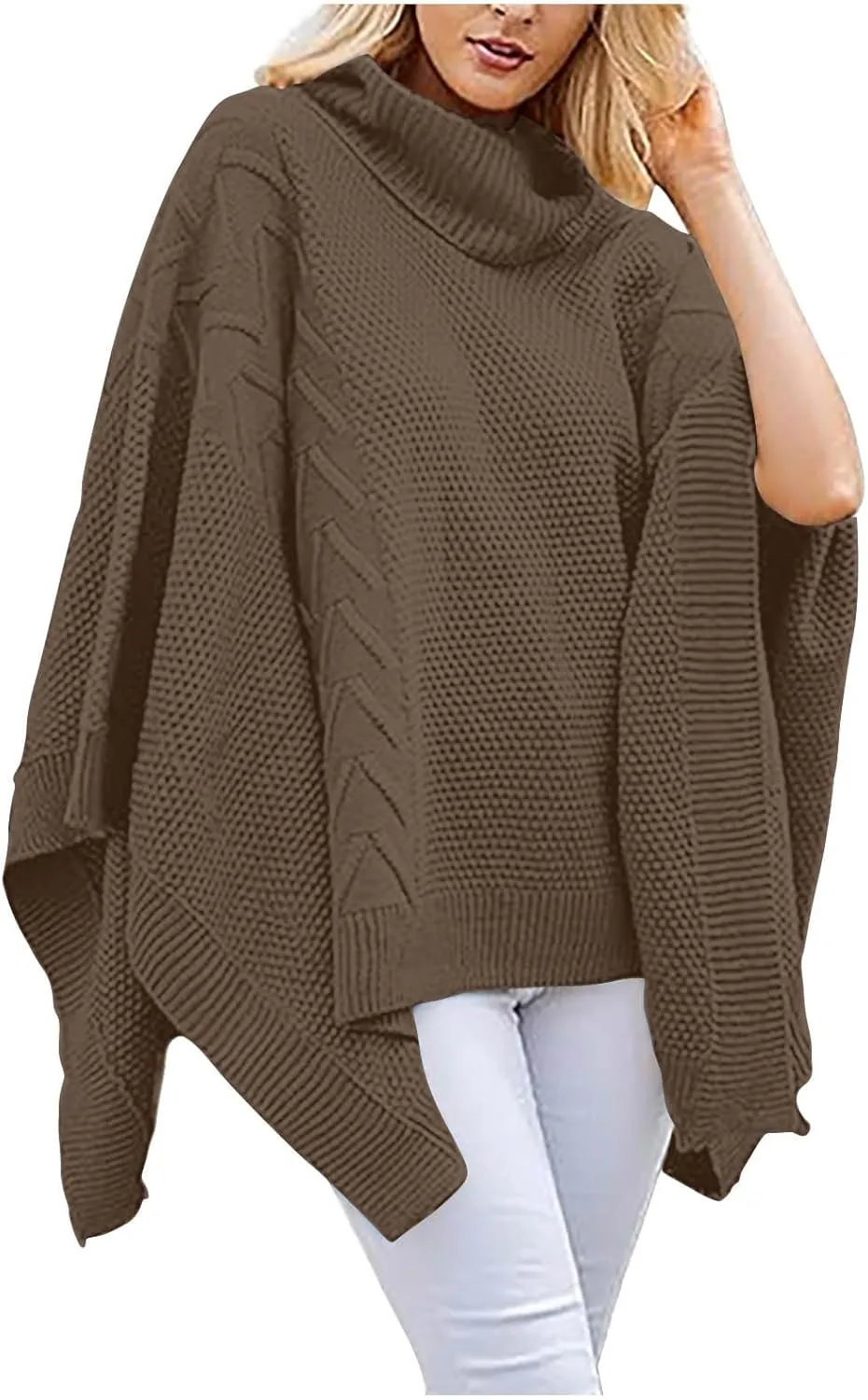 Womens Plus Size Poncho Sweater Oversized Chic Turtleneck Batwing Sleeve Asymmetric Knitted Pullover Shawl Wrap Cape