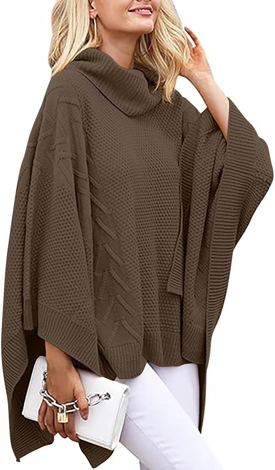 Womens Plus Size Poncho Sweater Oversized Chic Turtleneck Batwing Sleeve Asymmetric Knitted Pullover Shawl Wrap Cape