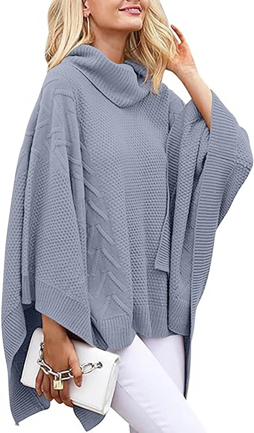 Womens Plus Size Poncho Sweater Oversized Chic Turtleneck Batwing Sleeve Asymmetric Knitted Pullover Shawl Wrap Cape