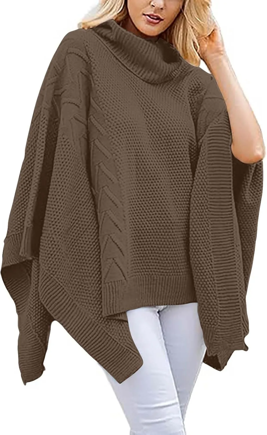 Womens Plus Size Poncho Sweater Oversized Chic Turtleneck Batwing Sleeve Asymmetric Knitted Pullover Shawl Wrap Cape