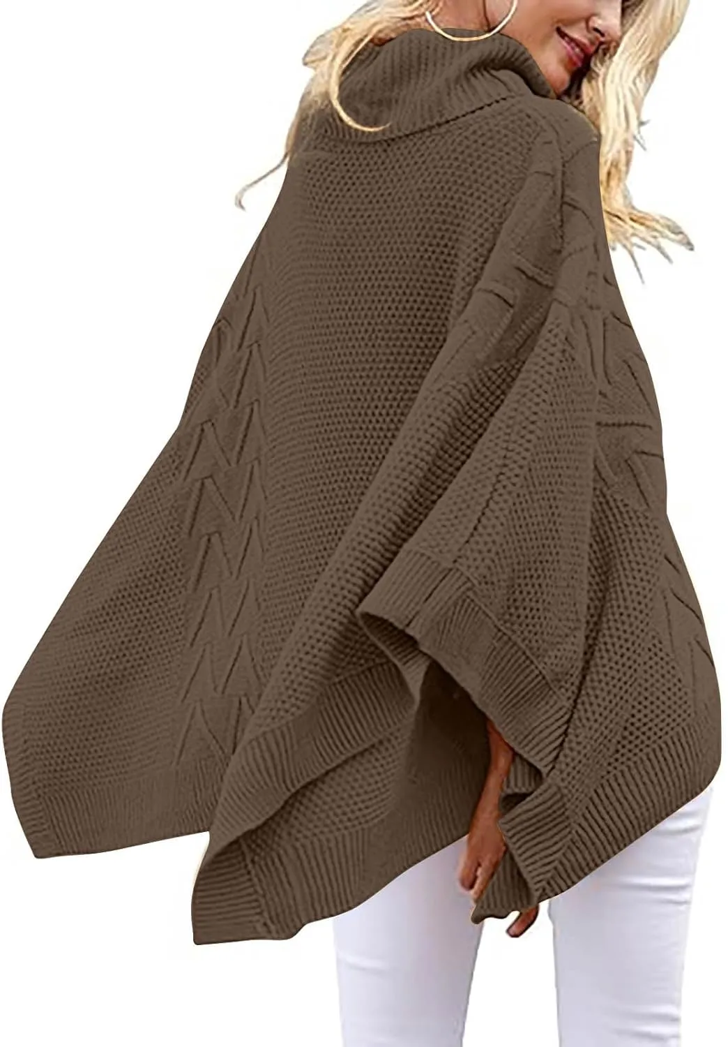 Womens Plus Size Poncho Sweater Oversized Chic Turtleneck Batwing Sleeve Asymmetric Knitted Pullover Shawl Wrap Cape