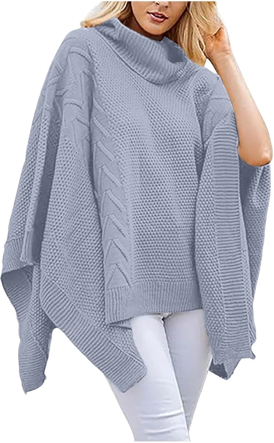 Womens Plus Size Poncho Sweater Oversized Chic Turtleneck Batwing Sleeve Asymmetric Knitted Pullover Shawl Wrap Cape