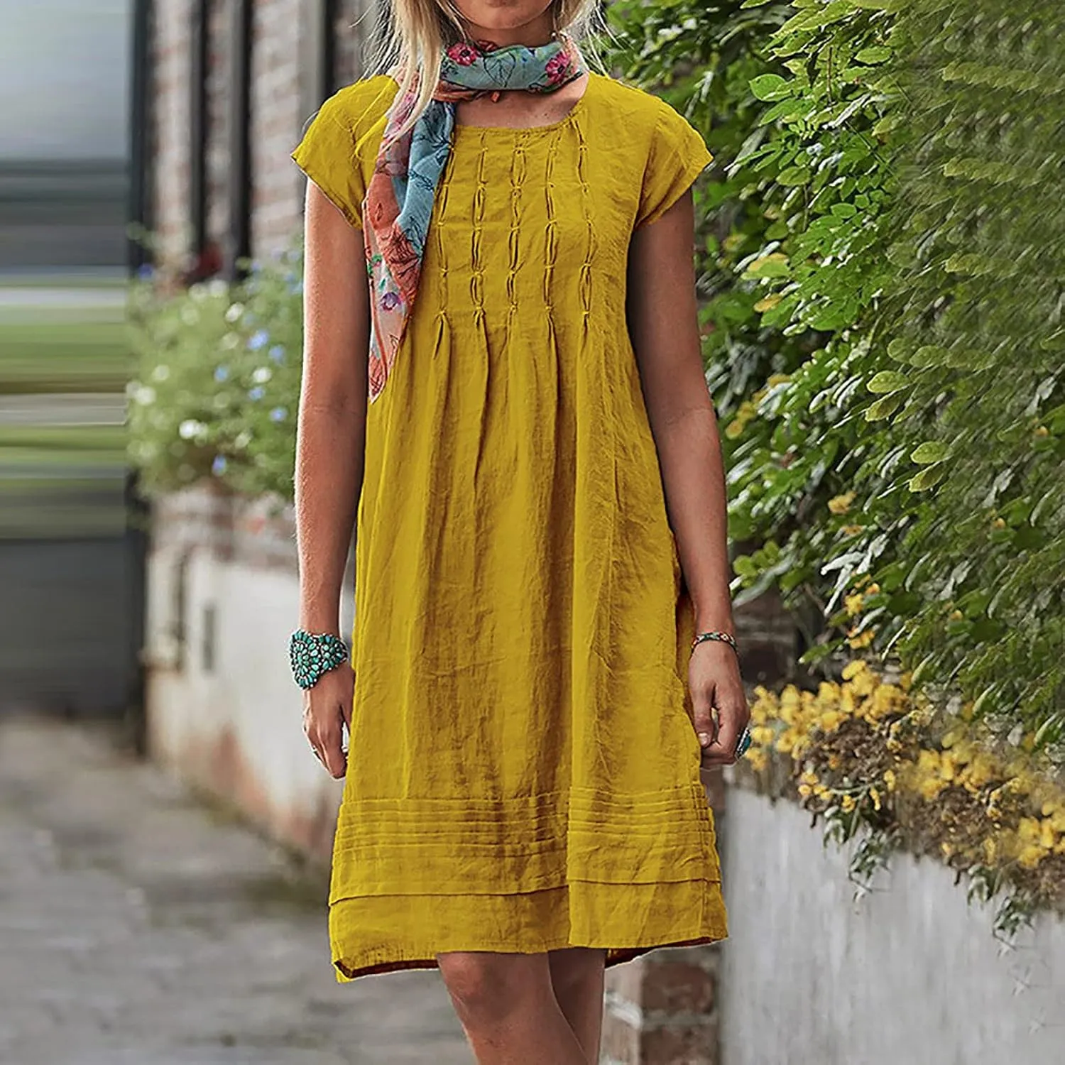 Womens Shirt Dress 2024 Cotton Linen Short Sleeve Crewneck Mini Dress Ruffle Slim Casual Summer Dress