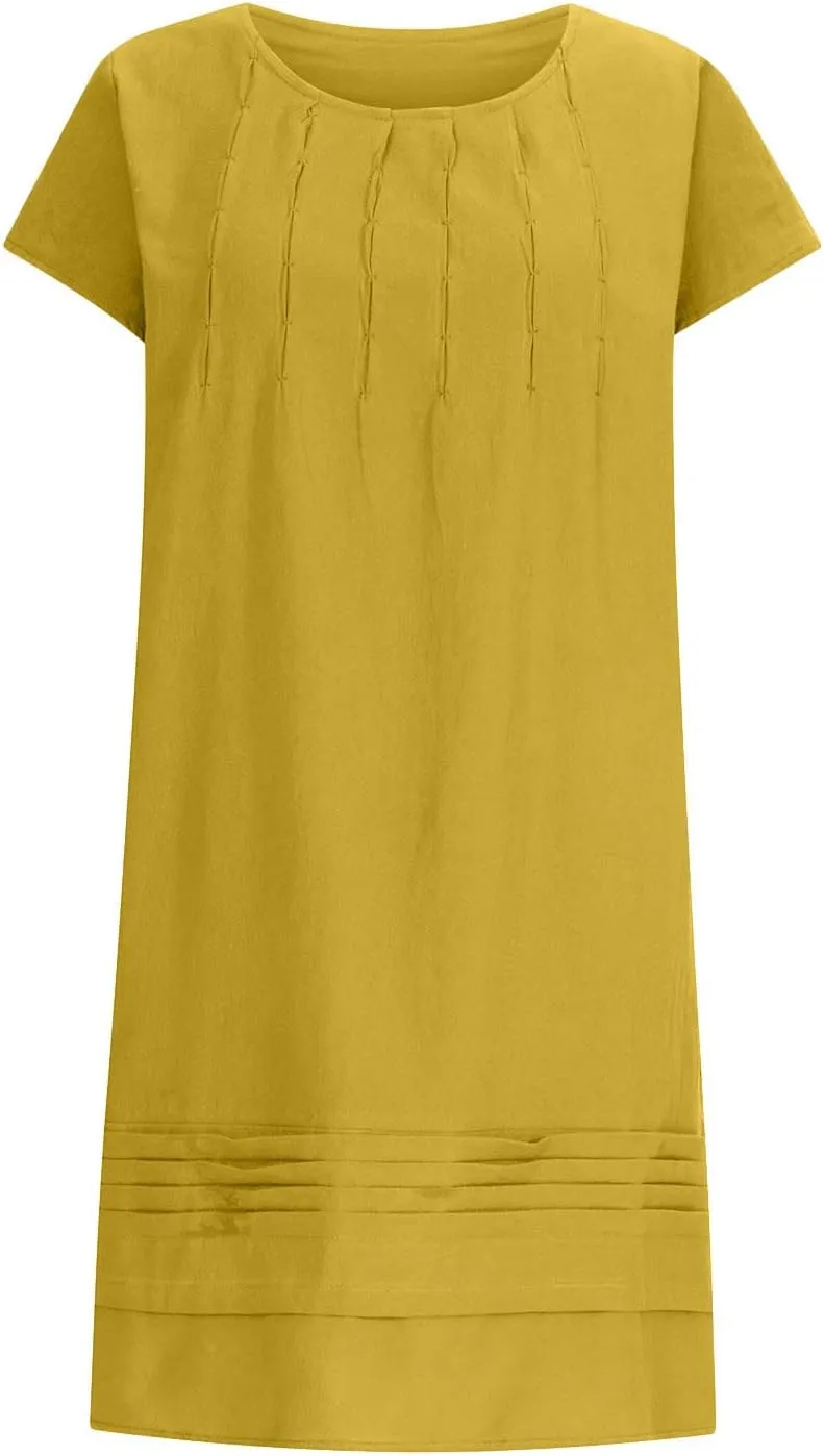 Womens Shirt Dress 2024 Cotton Linen Short Sleeve Crewneck Mini Dress Ruffle Slim Casual Summer Dress