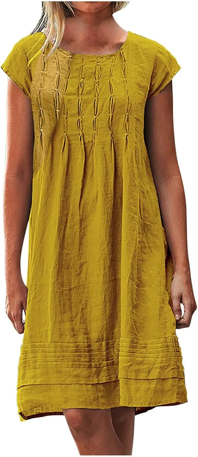 Womens Shirt Dress 2024 Cotton Linen Short Sleeve Crewneck Mini Dress Ruffle Slim Casual Summer Dress