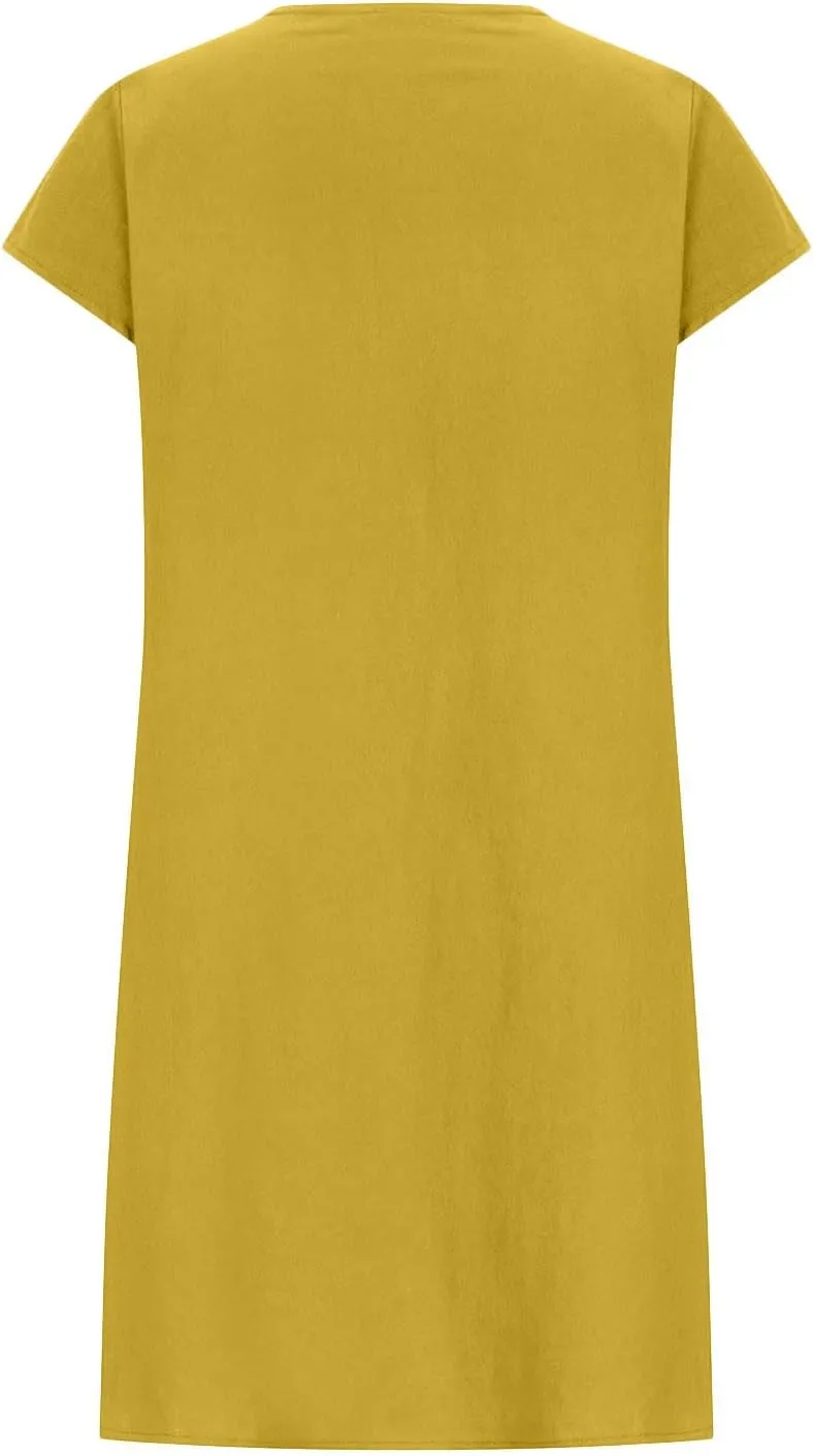 Womens Shirt Dress 2024 Cotton Linen Short Sleeve Crewneck Mini Dress Ruffle Slim Casual Summer Dress