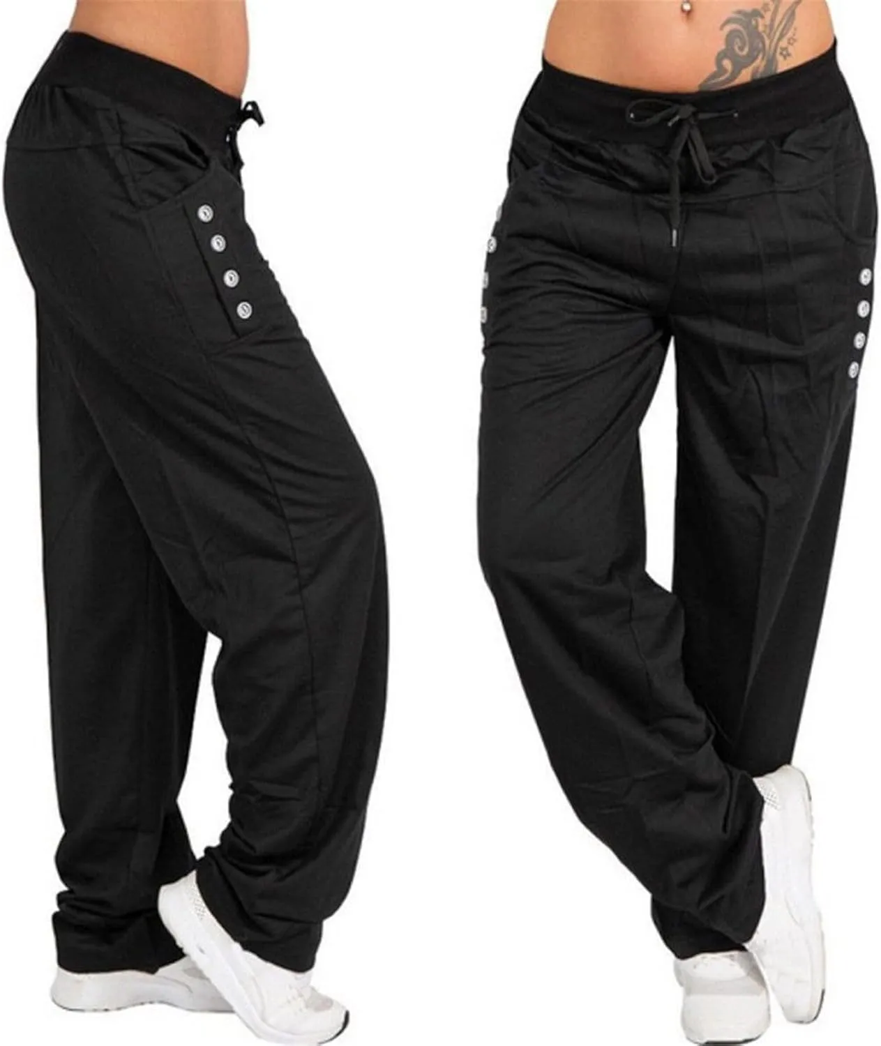 Womens Solid Color Wide Leg Sports Straight Trousers Jogging Comfy Breathable Loose Casual Baggy Drawstring Pants