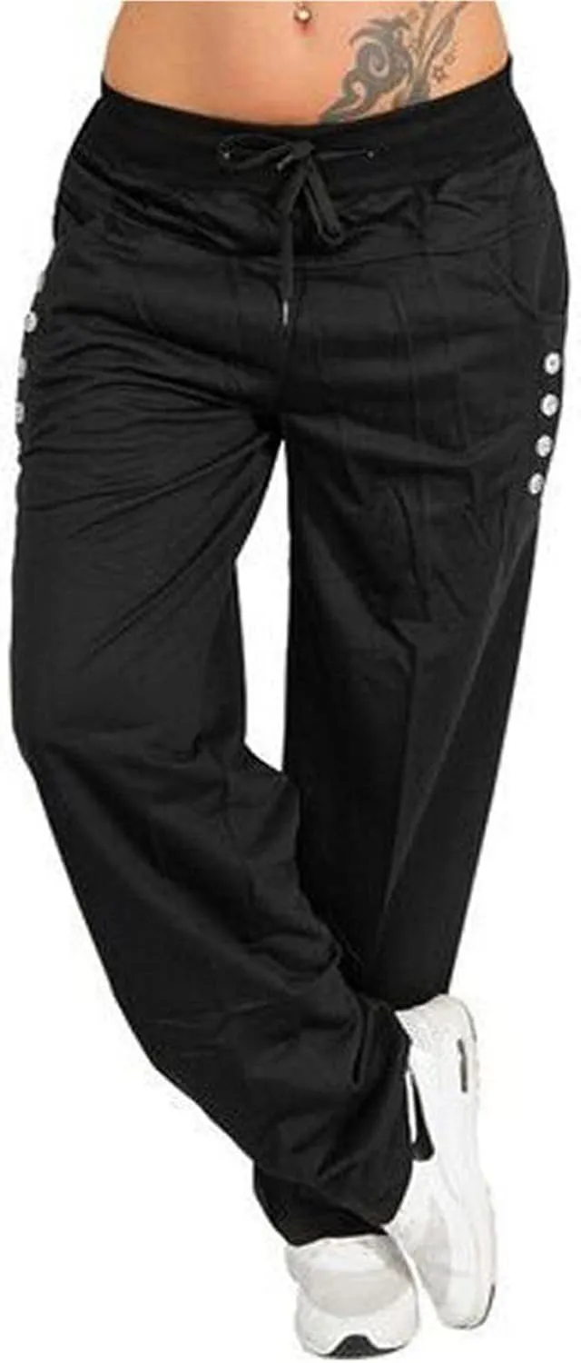 Womens Solid Color Wide Leg Sports Straight Trousers Jogging Comfy Breathable Loose Casual Baggy Drawstring Pants