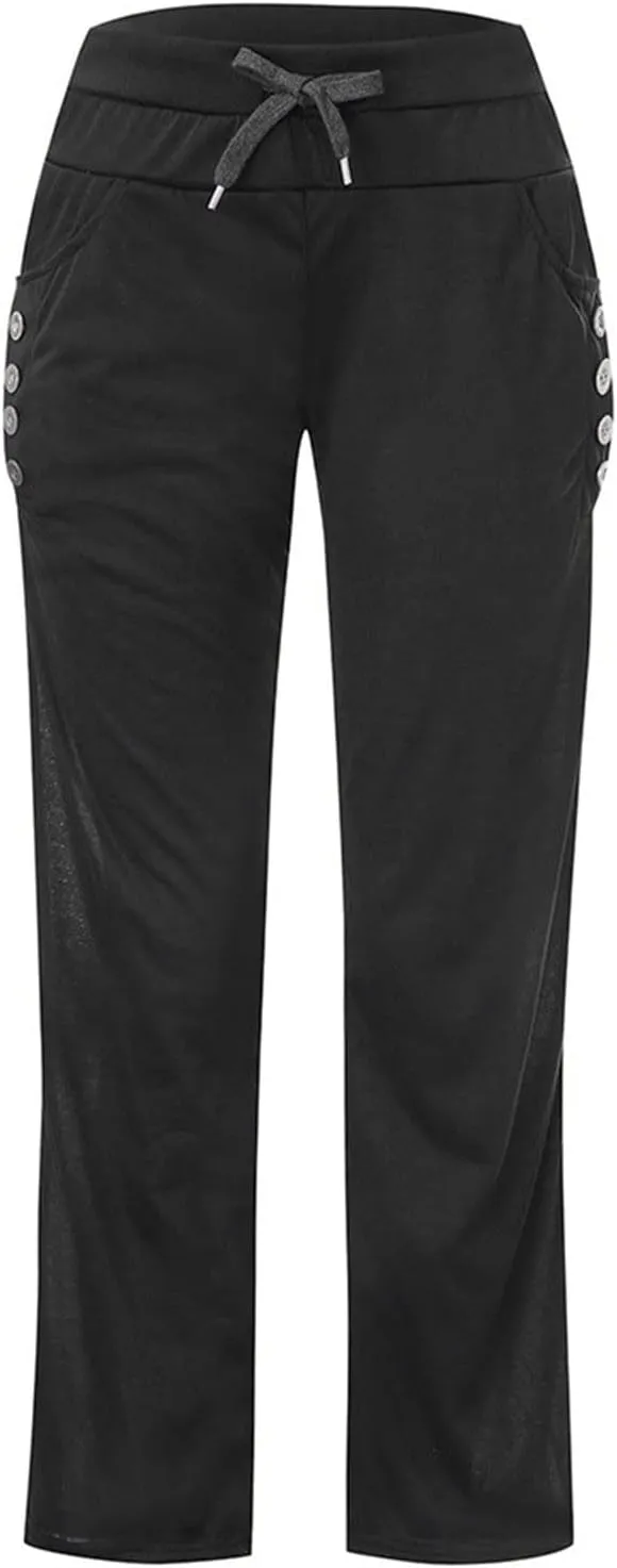 Womens Solid Color Wide Leg Sports Straight Trousers Jogging Comfy Breathable Loose Casual Baggy Drawstring Pants