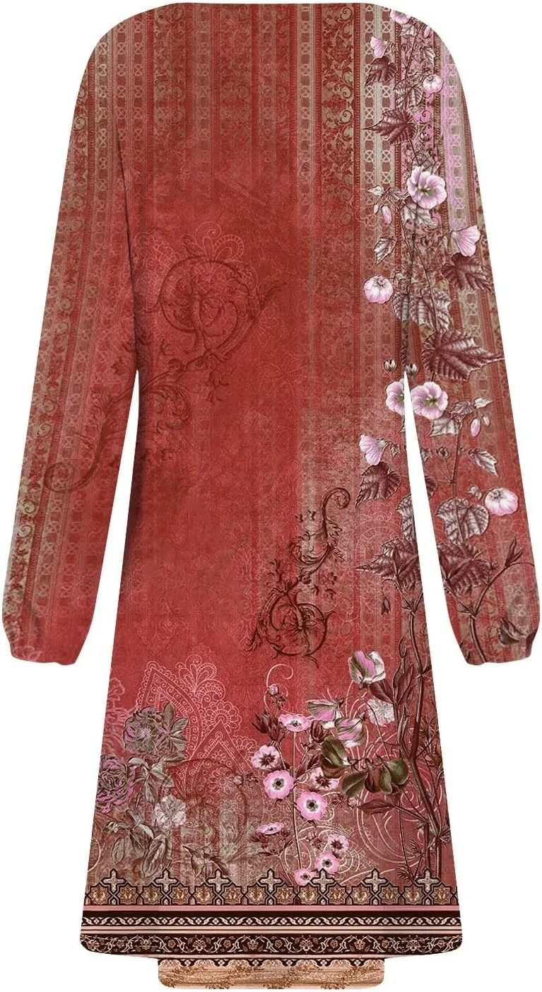 Womens Spring Fashion 2025 Dress Long Sleeve Midi O Neck Cute Boho Work Elegant Fitted Cruise Dress