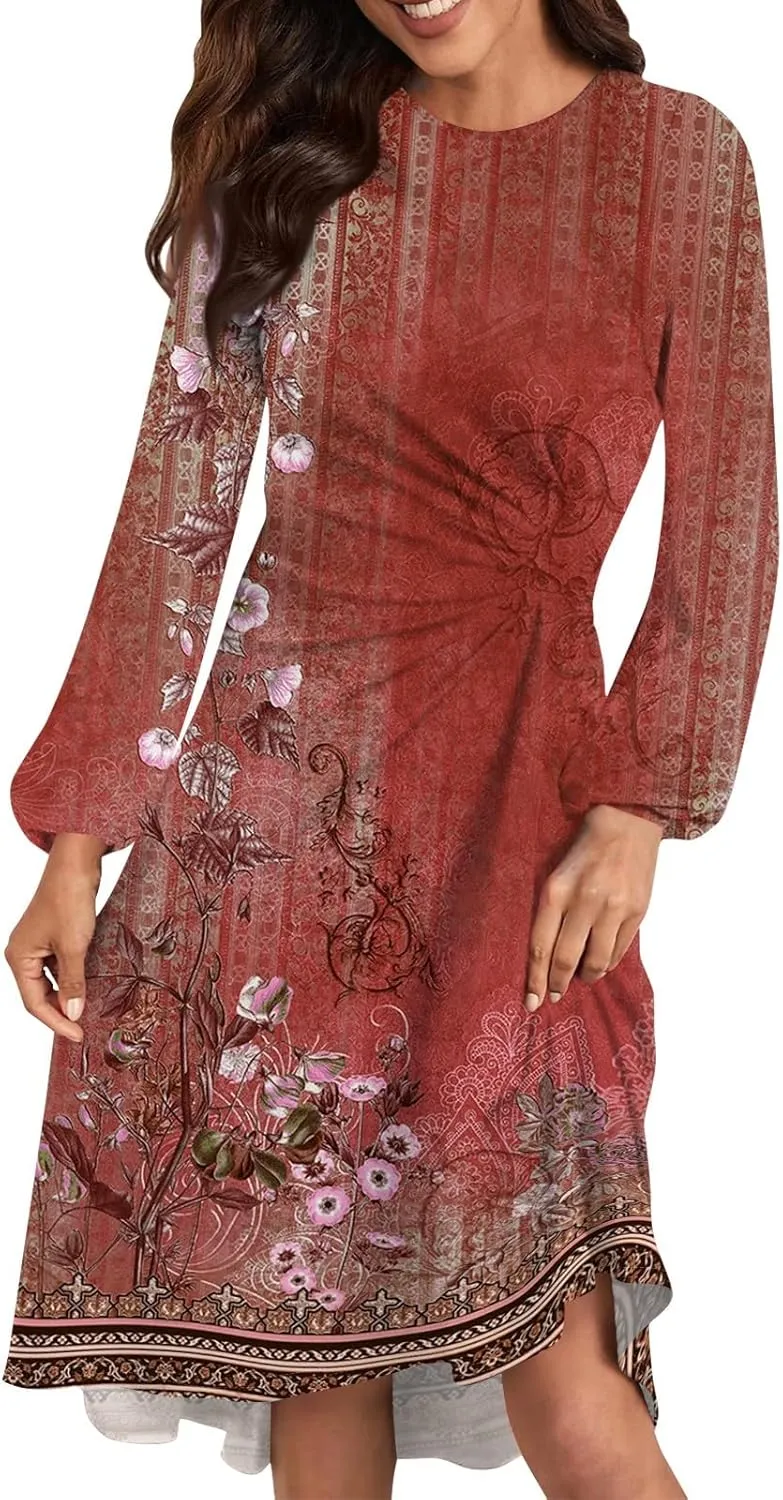 Womens Spring Fashion 2025 Dress Long Sleeve Midi O Neck Cute Boho Work Elegant Fitted Cruise Dress