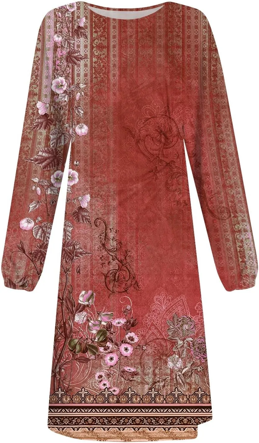 Womens Spring Fashion 2025 Dress Long Sleeve Midi O Neck Cute Boho Work Elegant Fitted Cruise Dress