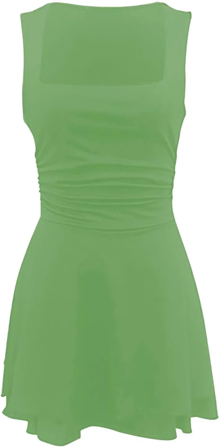 Women's Square Neck Sleeveless Dress Smocked Tiered Swing Flowy Dresses Summer Beach Casual Trendy Bodycon Mini Dress