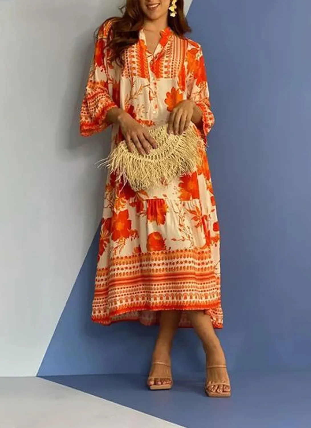 Women's Summer Dress Boho Floral Print Loose Fit V-Neck 3/4 Sleeve Casual Flowy Beach Vacation Midi Dress