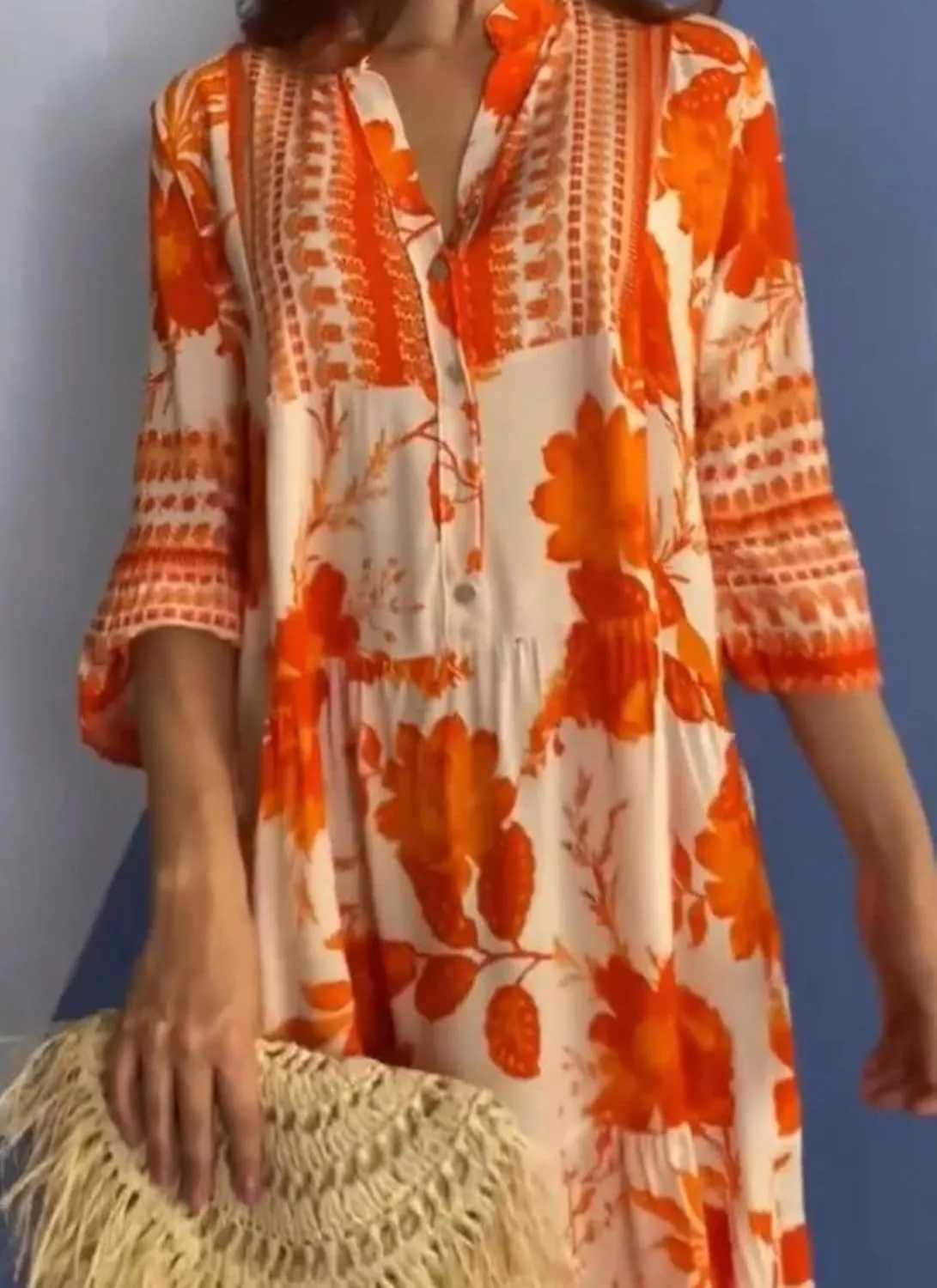 Women's Summer Dress Boho Floral Print Loose Fit V-Neck 3/4 Sleeve Casual Flowy Beach Vacation Midi Dress
