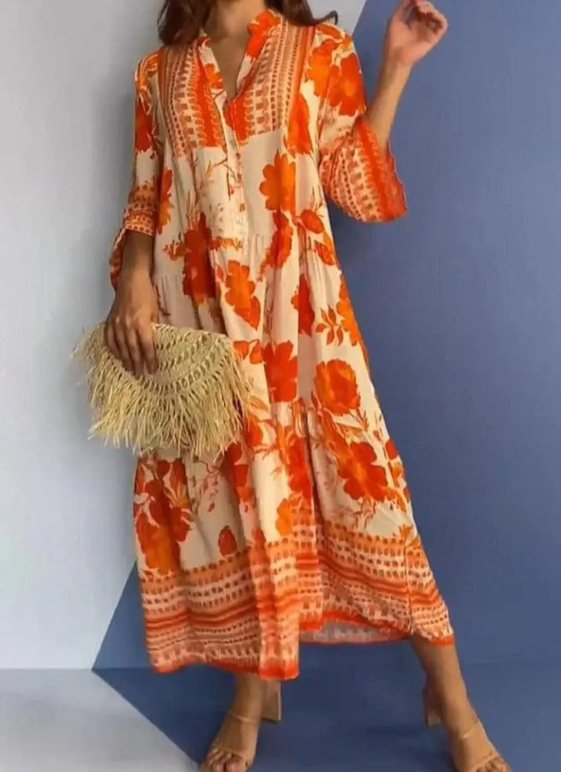 Women's Summer Dress Boho Floral Print Loose Fit V-Neck 3/4 Sleeve Casual Flowy Beach Vacation Midi Dress