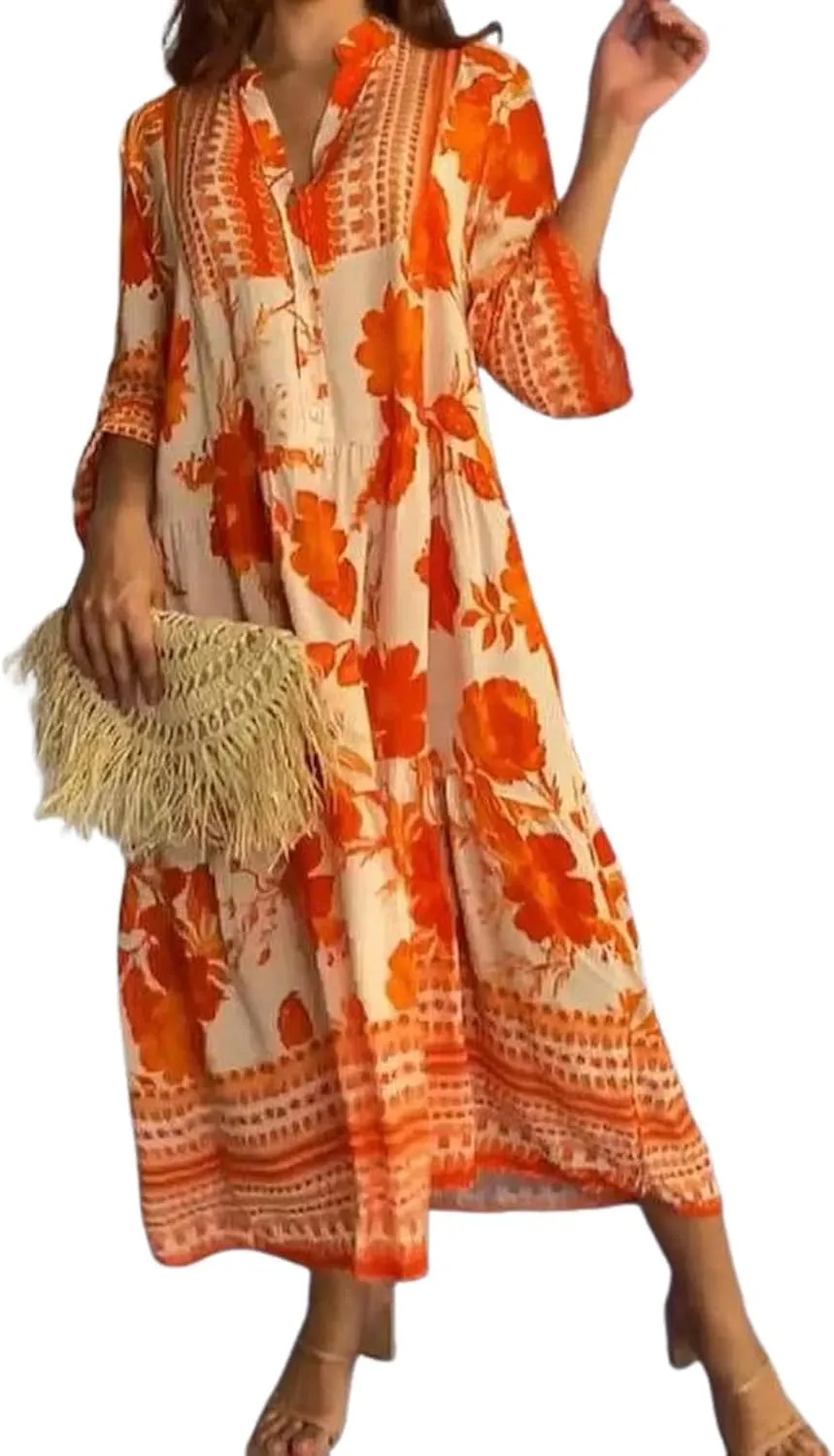 Women's Summer Dress Boho Floral Print Loose Fit V-Neck 3/4 Sleeve Casual Flowy Beach Vacation Midi Dress