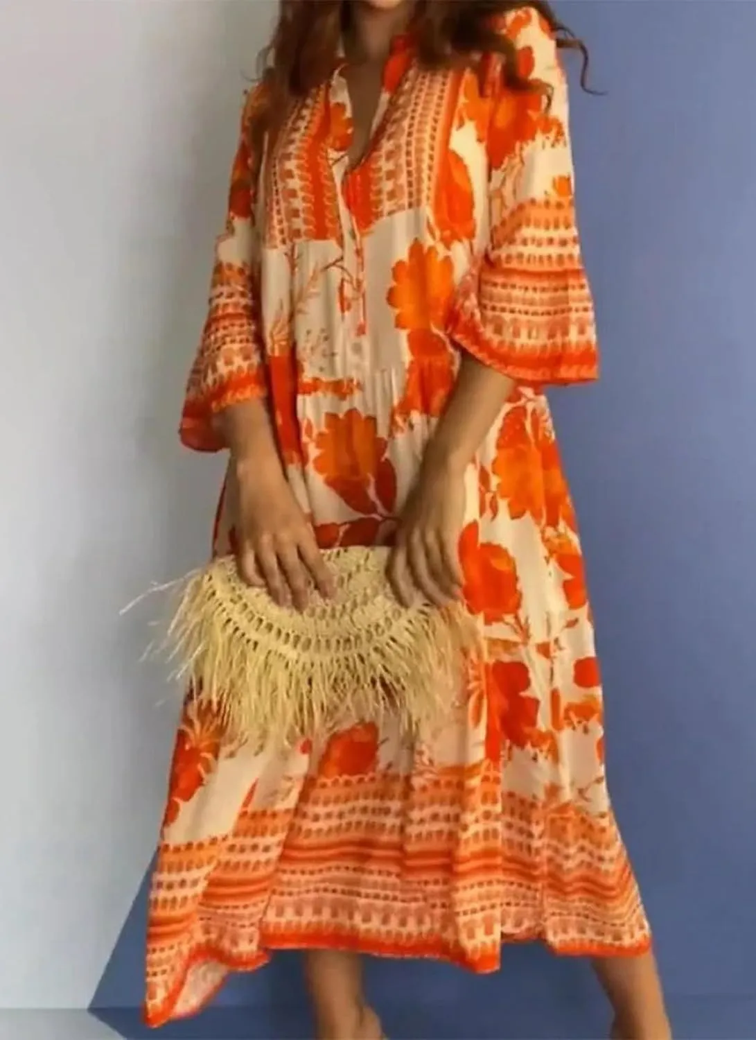 Women's Summer Dress Boho Floral Print Loose Fit V-Neck 3/4 Sleeve Casual Flowy Beach Vacation Midi Dress