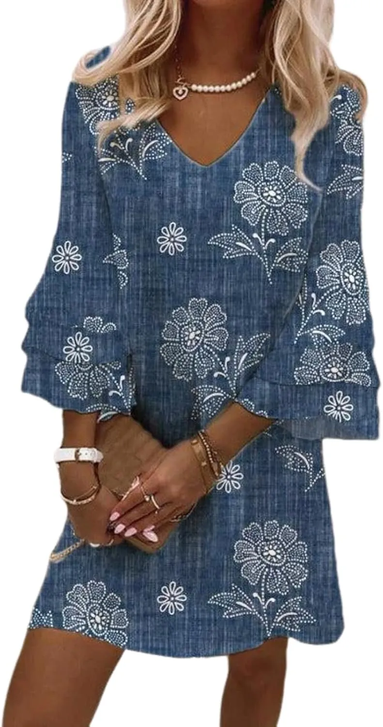 Women's Summer Dress Floral Print Loose Fit V-Neck 3/4 Sleeves Blue Casual Beach Mini Dress S-XXL