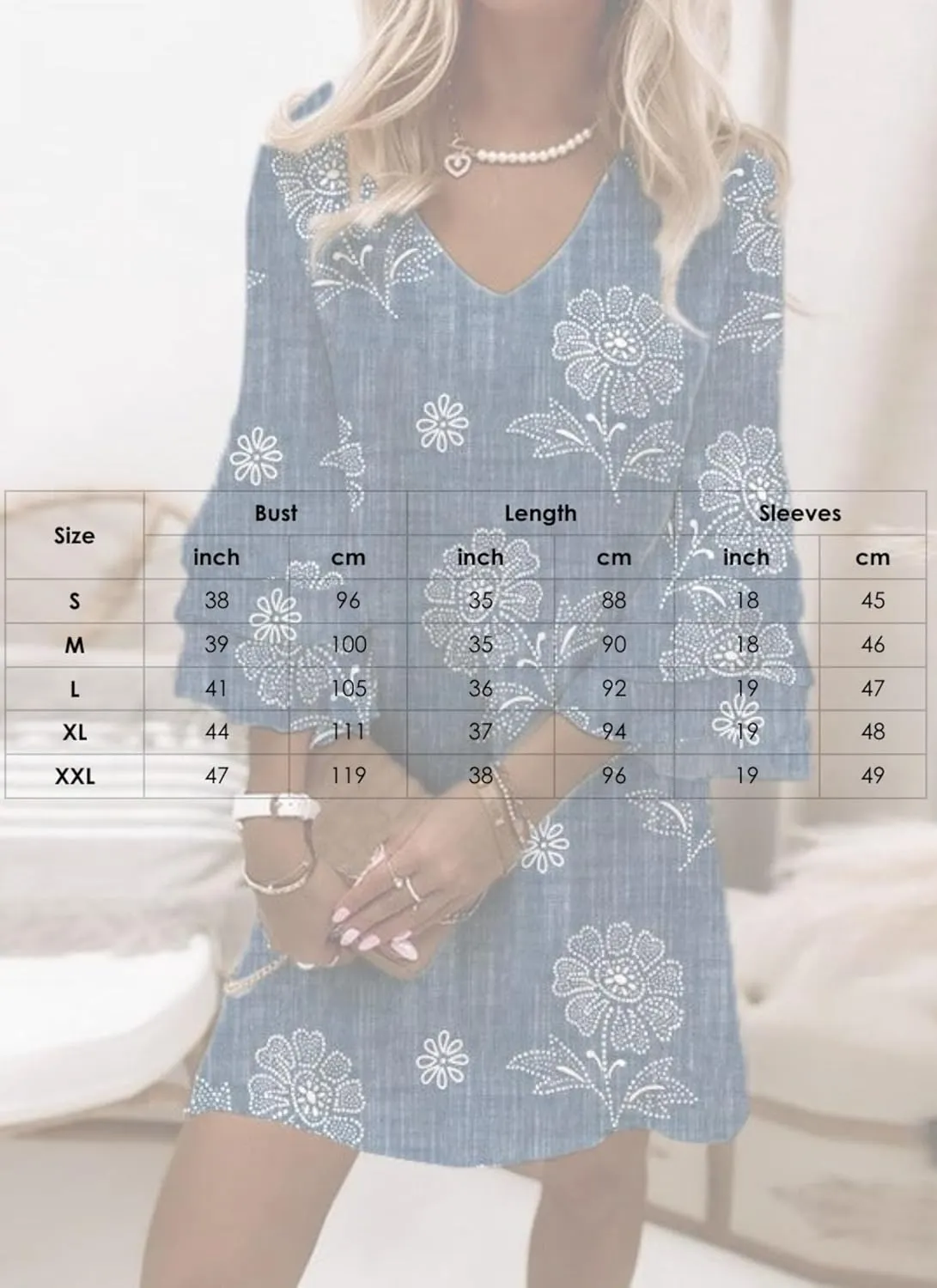 Women's Summer Dress Floral Print Loose Fit V-Neck 3/4 Sleeves Blue Casual Beach Mini Dress S-XXL