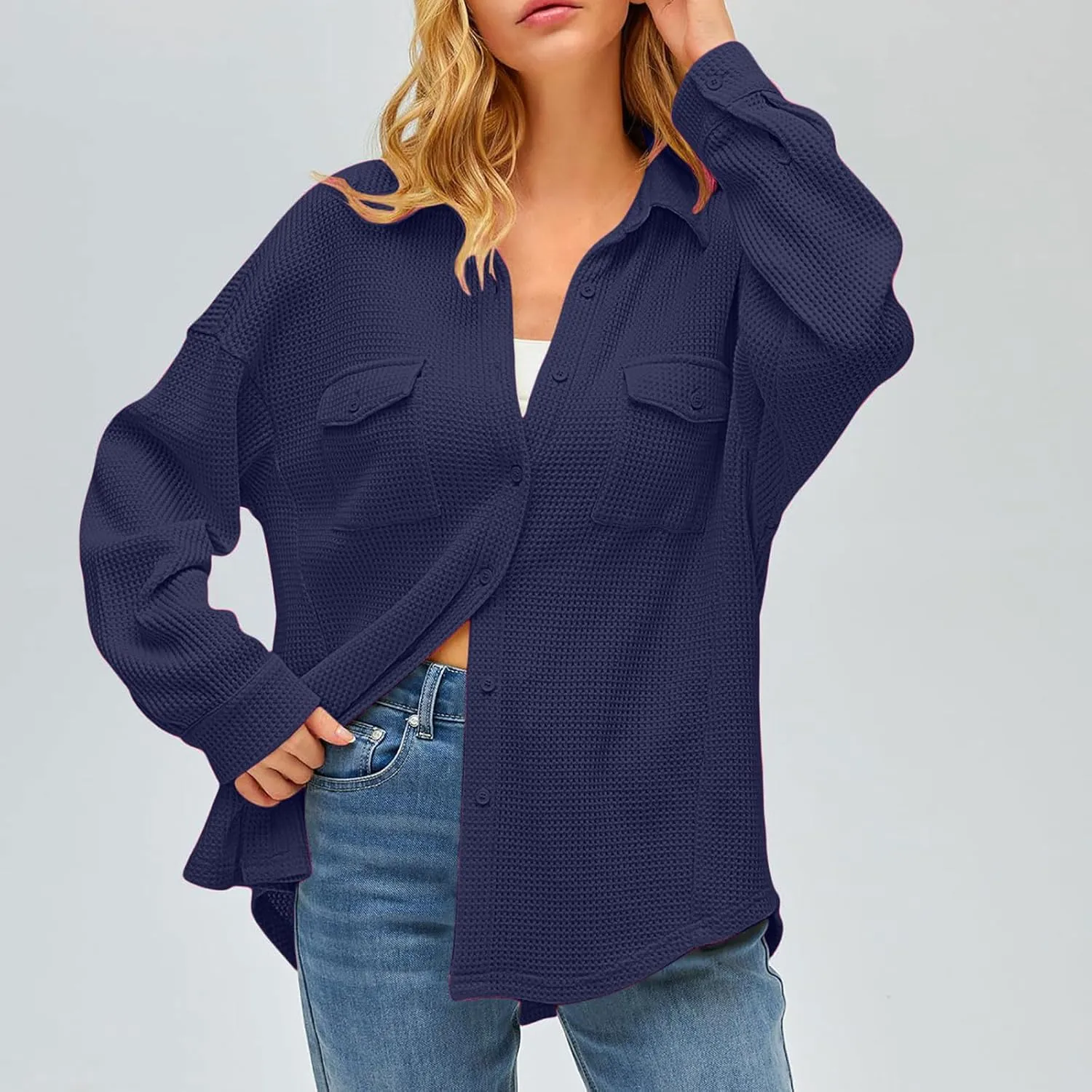 Womens Waffle Knit Shacket Jacket Casual Boyfriend Button Down Shirts Dressy Blouses Oversized Long Sleeve Tunic Tops