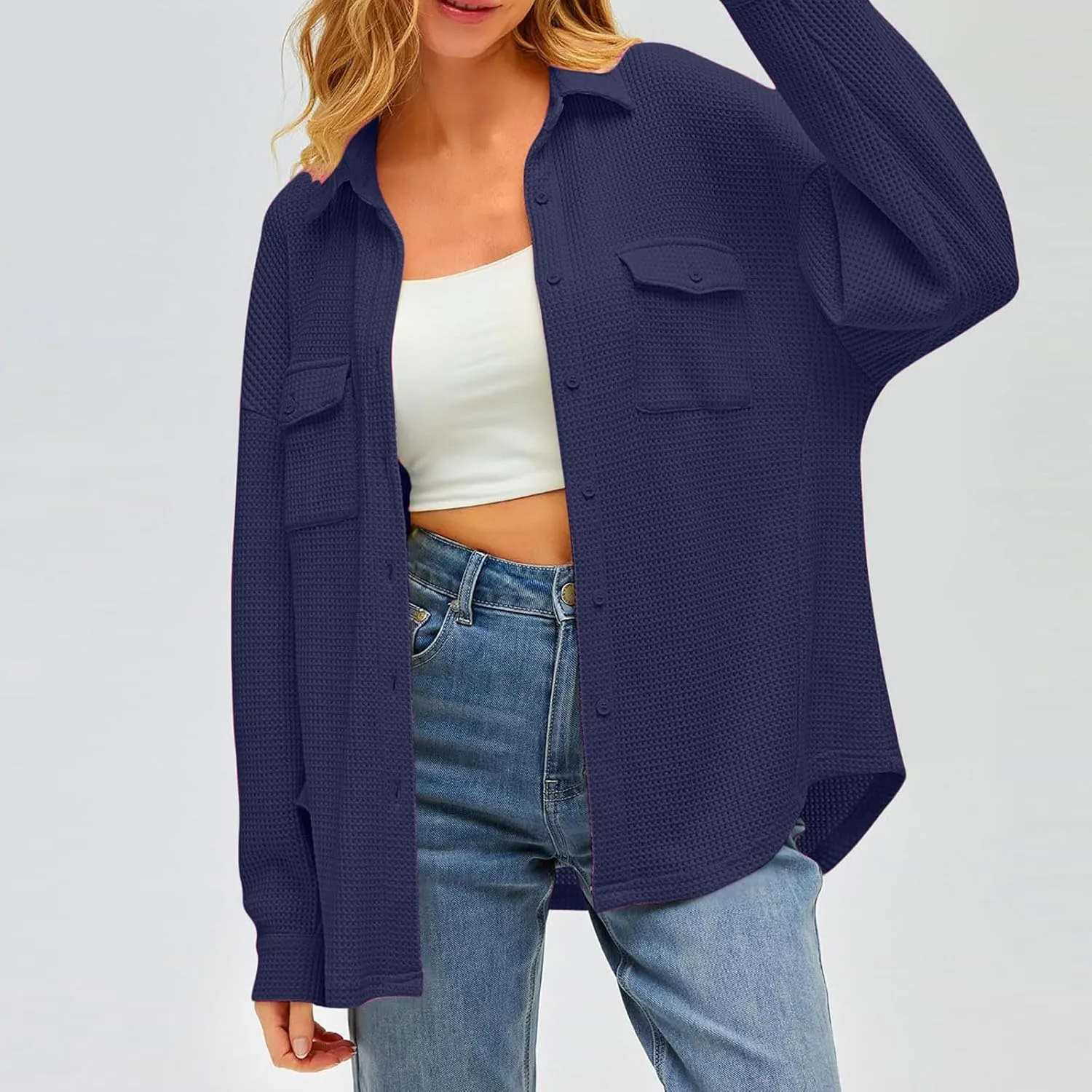 Womens Waffle Knit Shacket Jacket Casual Boyfriend Button Down Shirts Dressy Blouses Oversized Long Sleeve Tunic Tops