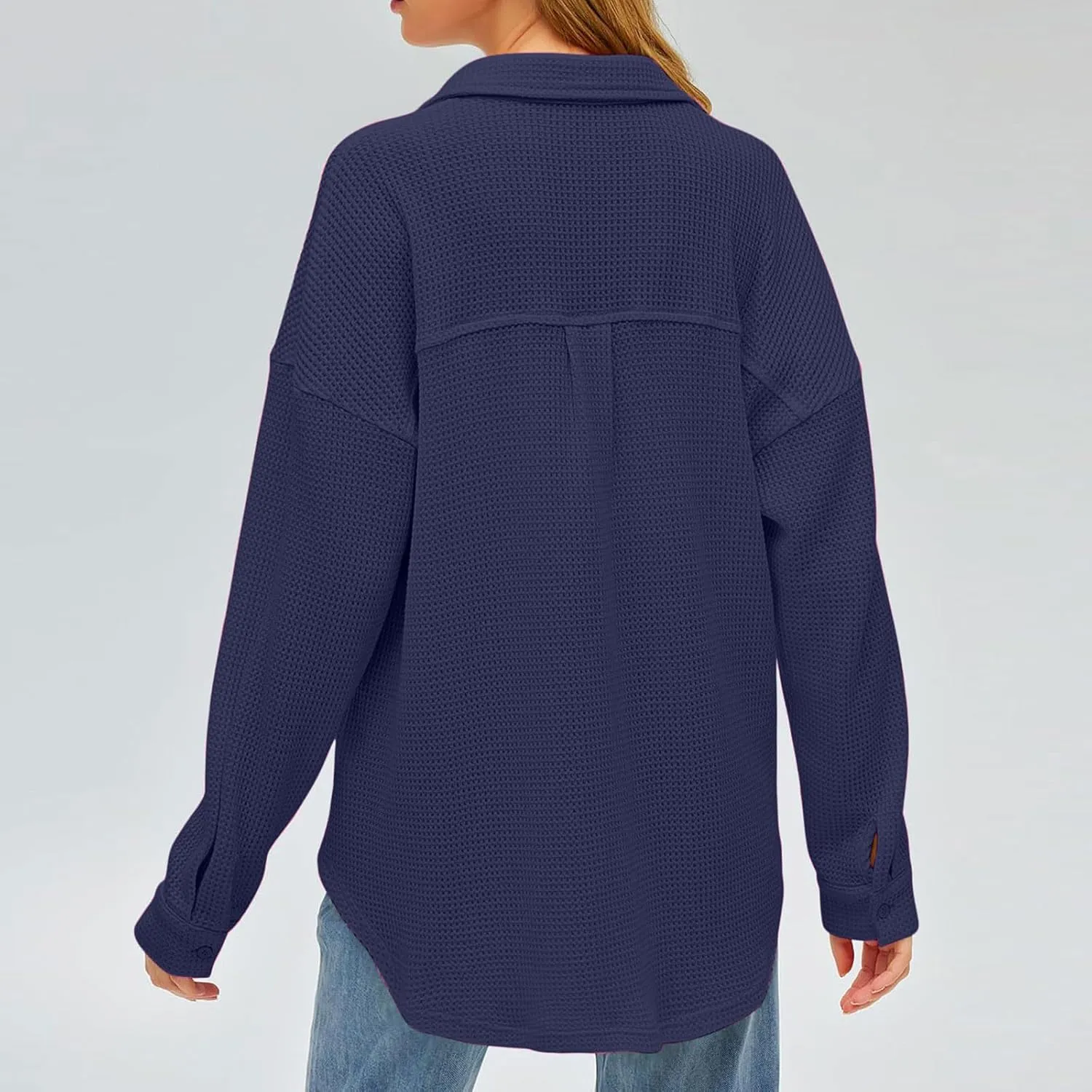 Womens Waffle Knit Shacket Jacket Casual Boyfriend Button Down Shirts Dressy Blouses Oversized Long Sleeve Tunic Tops