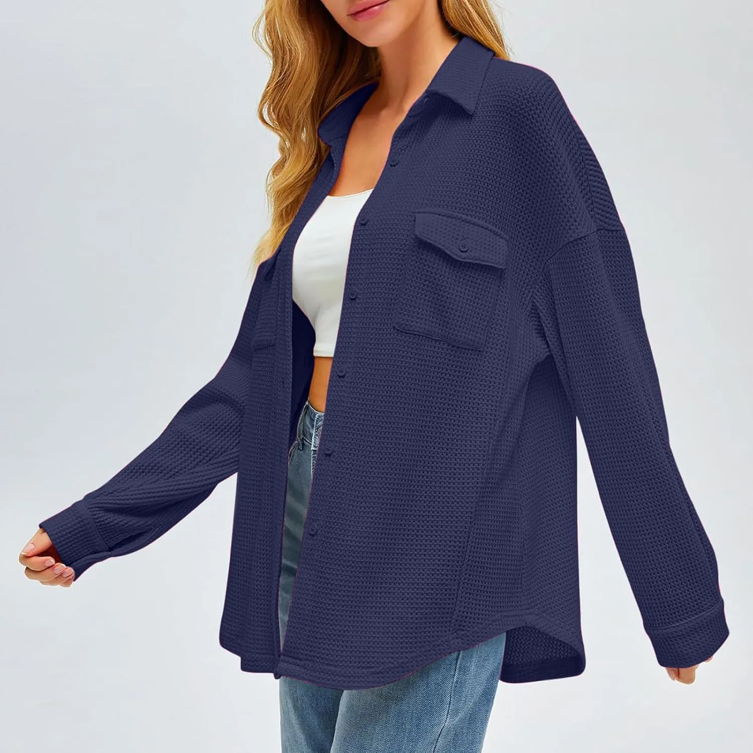 Womens Waffle Knit Shacket Jacket Casual Boyfriend Button Down Shirts Dressy Blouses Oversized Long Sleeve Tunic Tops