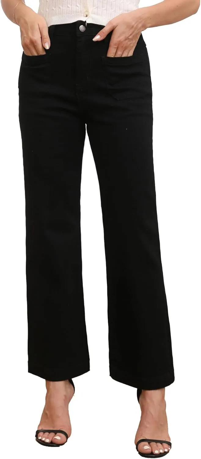 Women??s Wide Leg Petite Jeans High Waisted Stretchy Cropped Flare Jeans with Patch Pockets