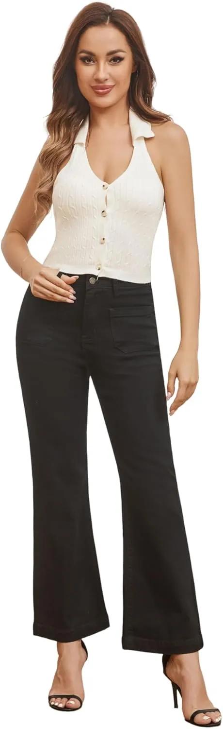 Women??s Wide Leg Petite Jeans High Waisted Stretchy Cropped Flare Jeans with Patch Pockets