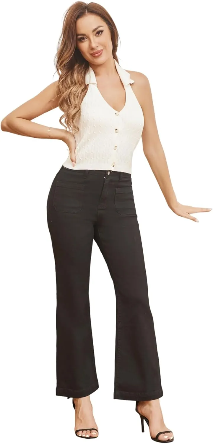 Women??s Wide Leg Petite Jeans High Waisted Stretchy Cropped Flare Jeans with Patch Pockets