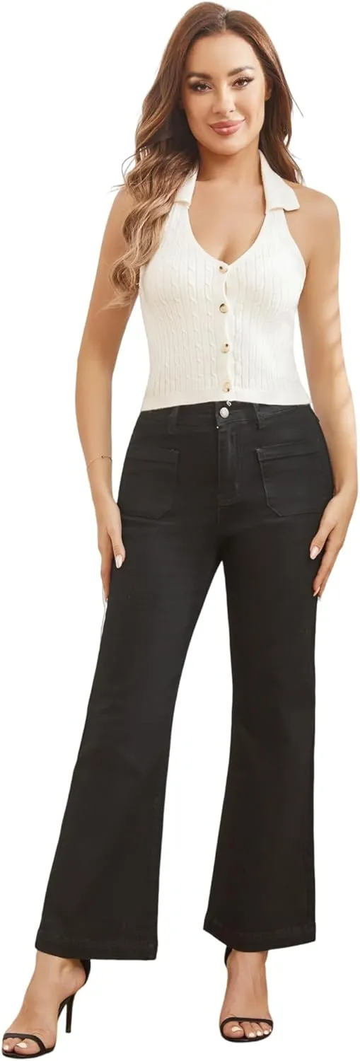 Women??s Wide Leg Petite Jeans High Waisted Stretchy Cropped Flare Jeans with Patch Pockets