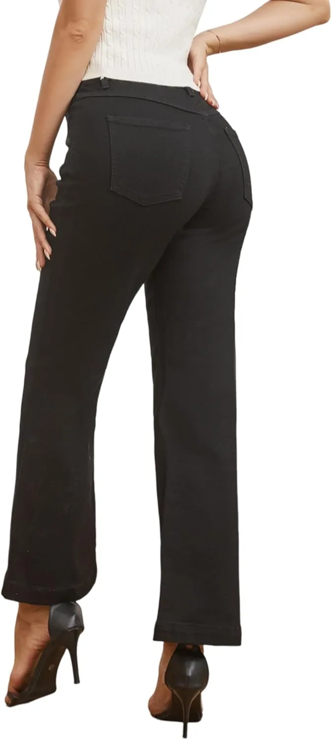Women??s Wide Leg Petite Jeans High Waisted Stretchy Cropped Flare Jeans with Patch Pockets