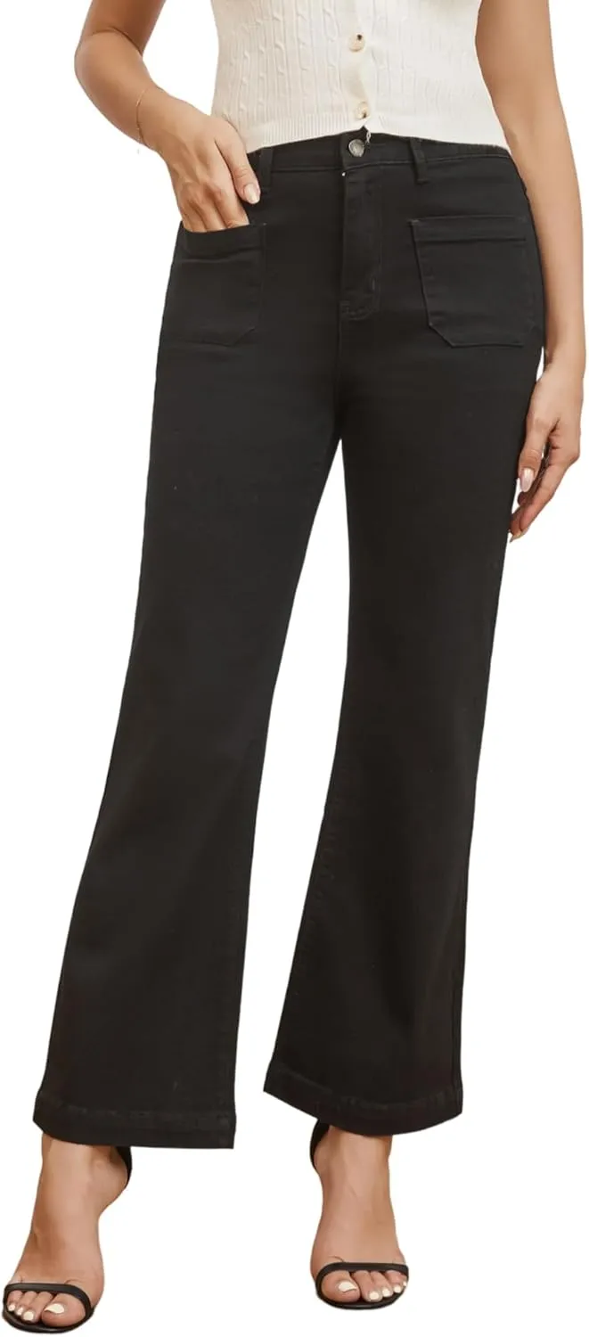 Women??s Wide Leg Petite Jeans High Waisted Stretchy Cropped Flare Jeans with Patch Pockets