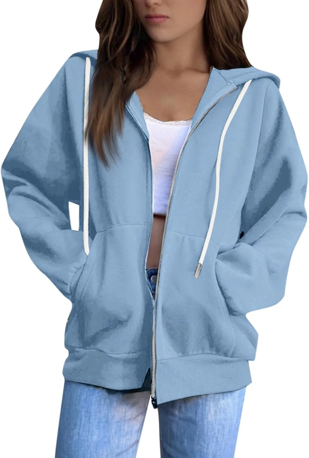Womens Zip Up Hoodies Casual Long Sleeve Hoodie Jacket Oversized Lightweight Pullover Sweatshirts Tops with Pocket