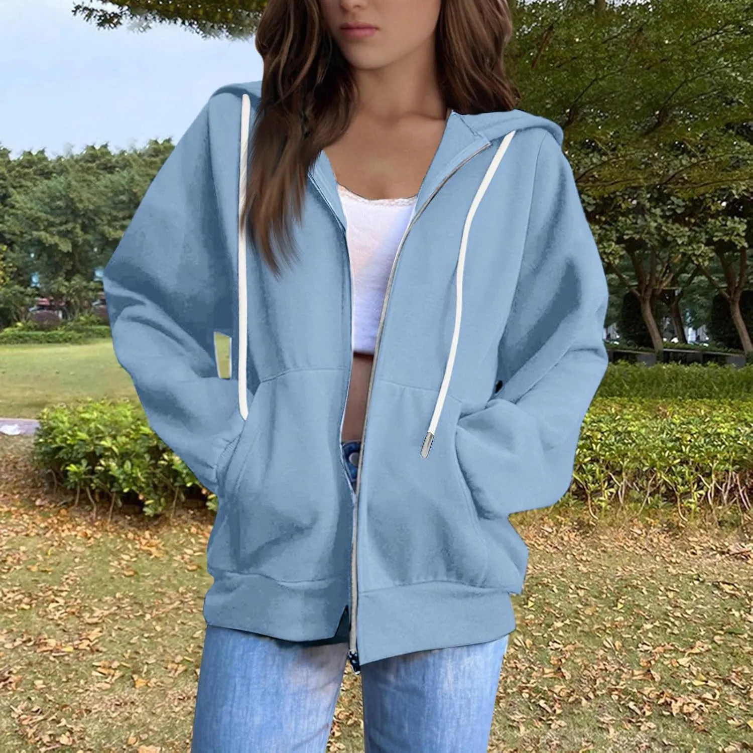 Womens Zip Up Hoodies Casual Long Sleeve Hoodie Jacket Oversized Lightweight Pullover Sweatshirts Tops with Pocket